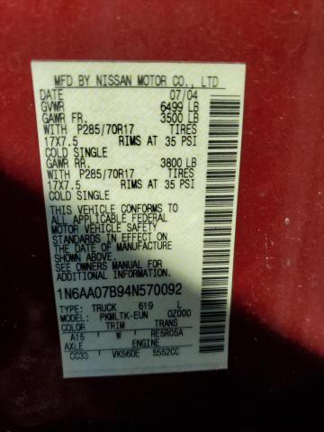 1N6AA07B94N570092 - 2004 NISSAN TITAN XE 勃艮第红 照片 12