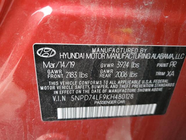 5NPD74LF9KH480128 - 2019 HYUNDAI ELANTRA SE RED photo 12