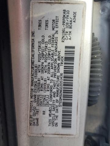 5TEGM92N02Z051436 - 2002 TOYOTA TACOMA DOUBLE CAB PRERUNNER SILVER photo 12