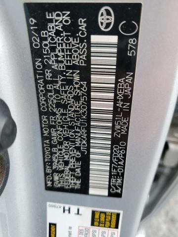 JTDKARFU1K3075764 - 2019 TOYOTA PRIUS SILVER photo 12