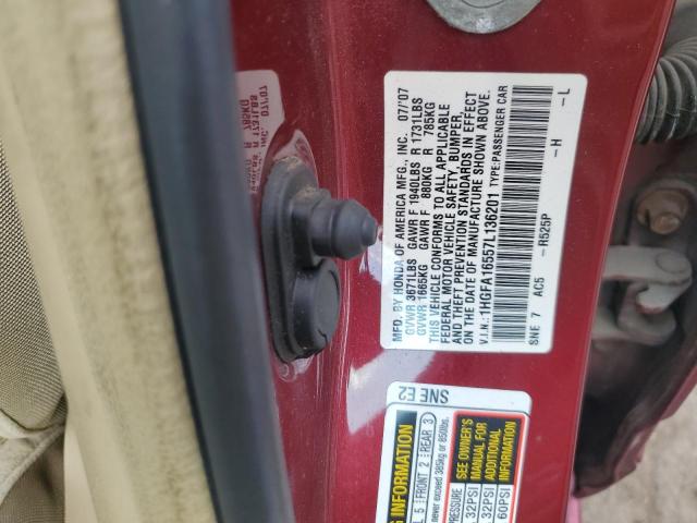1HGFA16557L136201 - 2007 HONDA CIVIC LX 勃艮第红 照片 12