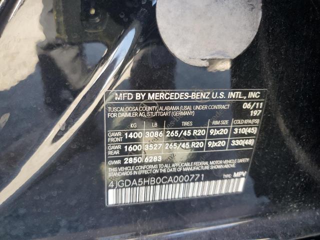 4JGDA5HB0CA000771 - 2012 MERCEDES-BENZ ML 350 4MATIC BLACK photo 13