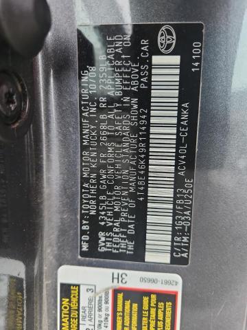 4T4BE46K49R114942 - 2009 TOYOTA CAMRY BASE GRAY photo 12