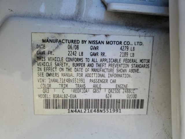 1N4AL21E48N551991 - 2008 NISSAN ALTIMA 2.5 WHITE photo 12