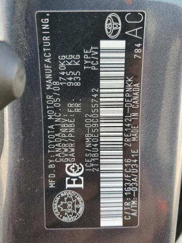 2T1BU40E59C055742 - 2009 TOYOTA COROLLA BASE Gris photo 12