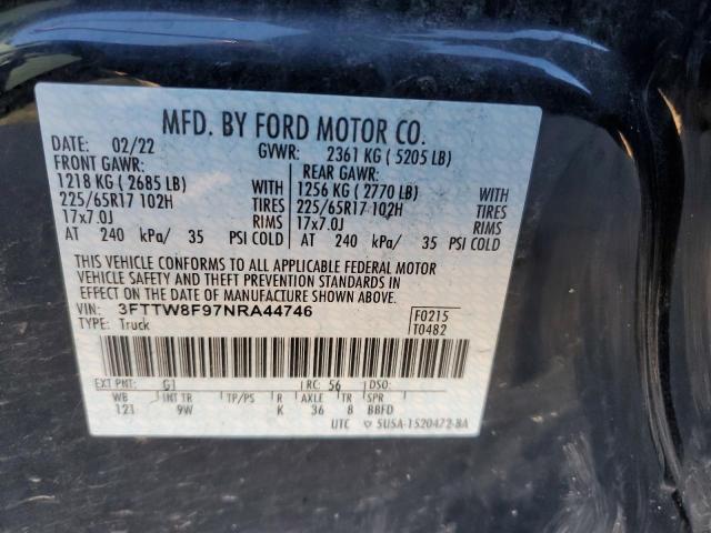 3FTTW8F97NRA44746 - 2022 FORD MAVERICK XL BLACK photo 12