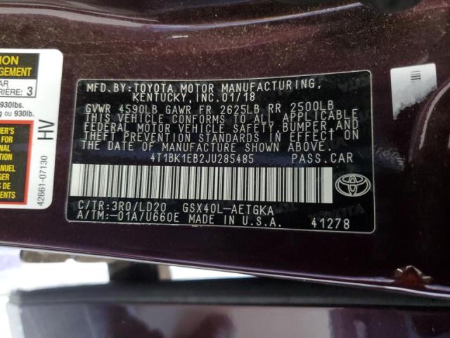 4T1BK1EB2JU285485 - 2018 TOYOTA AVALON XLE Bordo foto 13