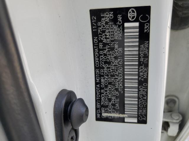 JTDKN3DU5D1631108 - 2013 TOYOTA PRIUS WHITE photo 12