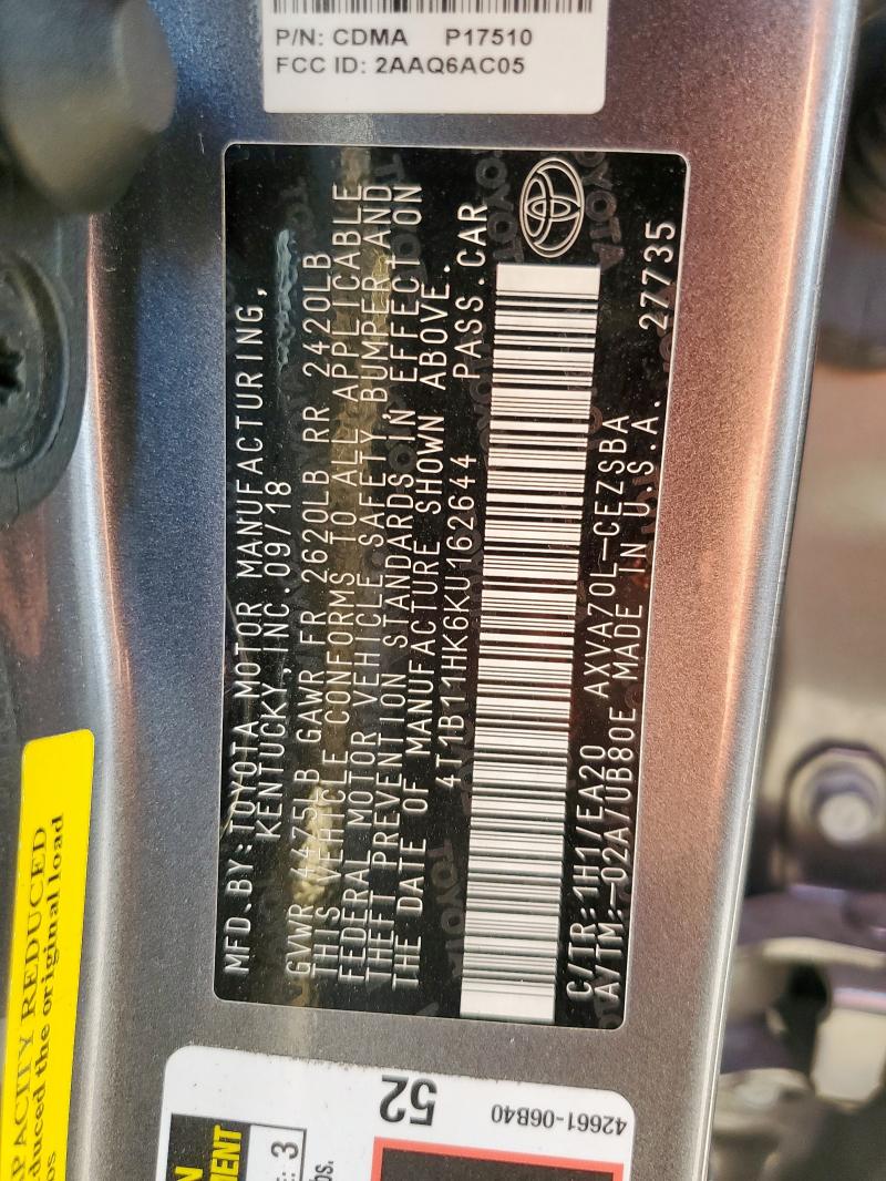 4T1B11HK6KU162644 - 2019 TOYOTA CAMRY L GRAY photo 13