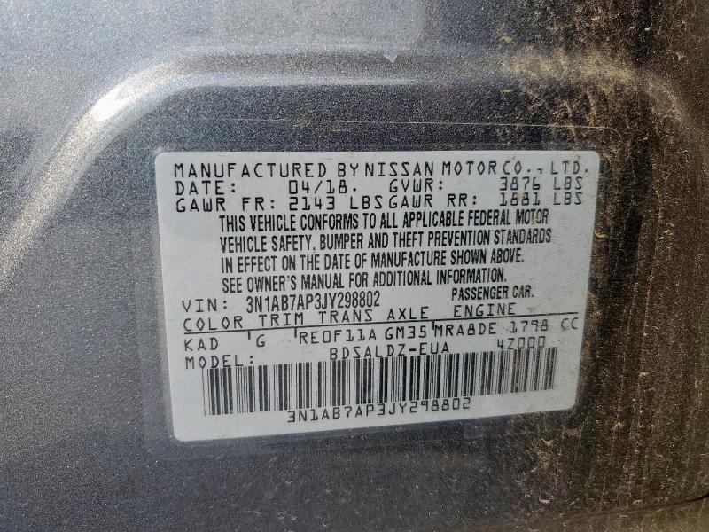 3N1AB7AP3JY298802 - 2018 NISSAN SENTRA S Сұр фото 12