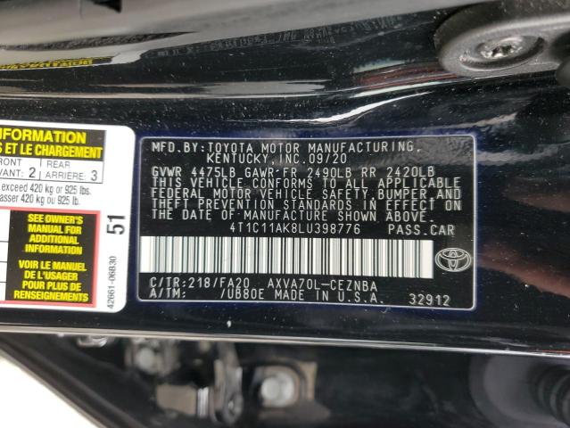 4T1C11AK8LU398776 - 2020 TOYOTA CAMRY LE BLACK photo 13