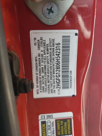2HGFG12806H542316 - 2006 HONDA CIVIC EX RED photo 12