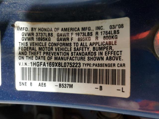 1HGFA169X8L075223 - 2008 HONDA CIVIC EXL BLUE photo 12