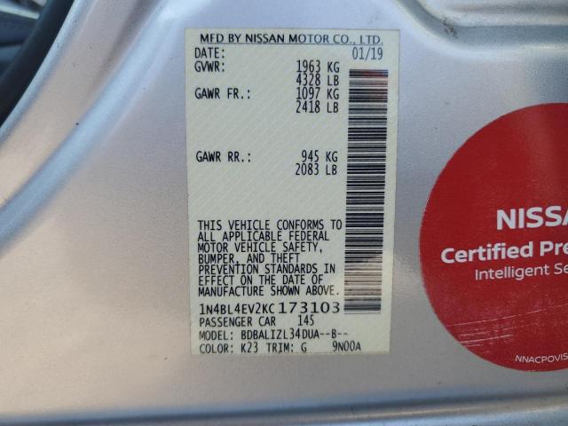 1N4BL4EV2KC173103 - 2019 NISSAN ALTIMA SL 银色 照片 12