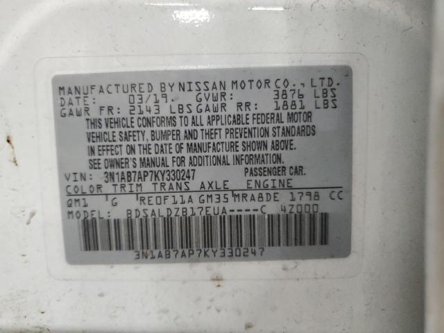 3N1AB7AP7KY330247 - 2019 NISSAN SENTRA S Blanc photo 13