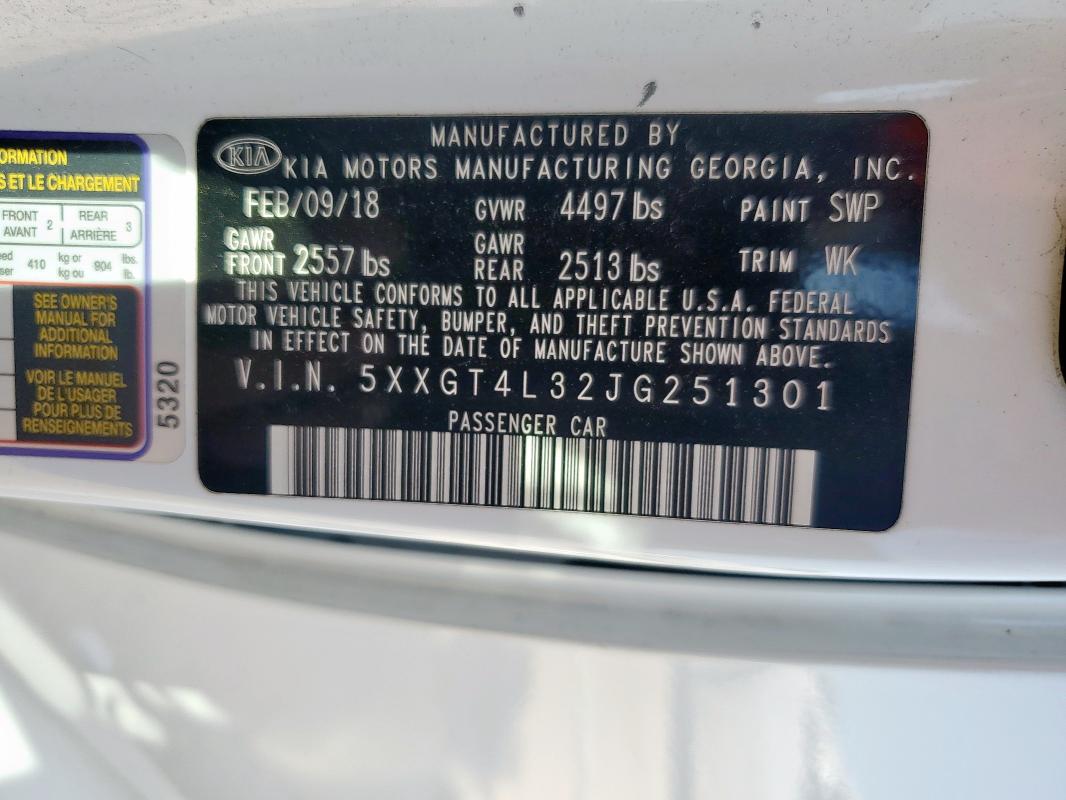 5XXGT4L32JG251301 - 2018 KIA OPTIMA LX 白色 照片 13