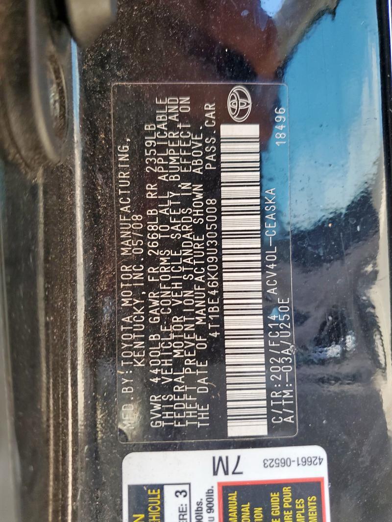 4T1BE46K09U305008 - 2009 TOYOTA CAMRY BASE 黑色 照片 12