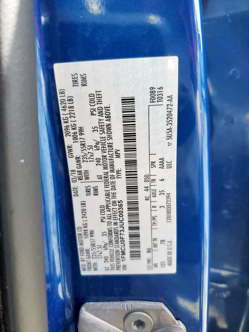 1FMCU0F73JUC00365 - 2018 FORD ESCAPE S Синій фото 12