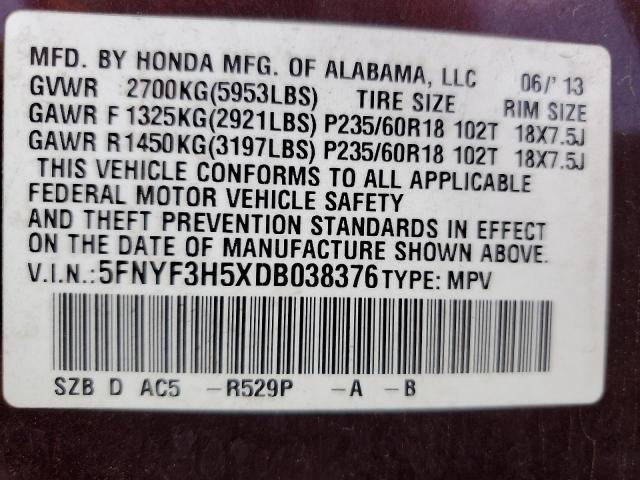 5FNYF3H5XDB038376 - 2013 HONDA PILOT EXL Bordeaux photo 13