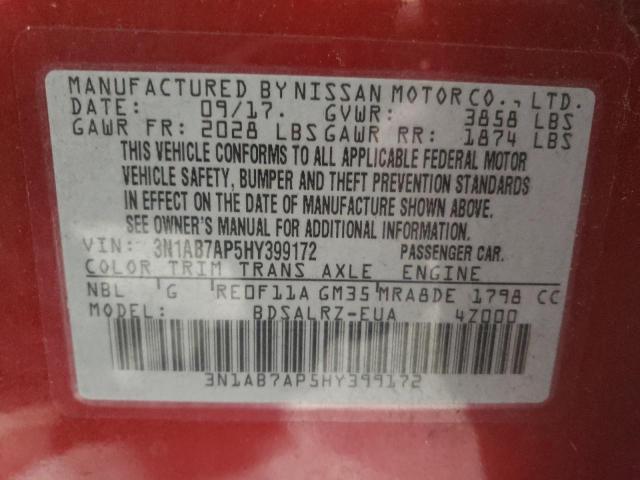 3N1AB7AP5HY399172 - 2017 NISSAN SENTRA S RED photo 12