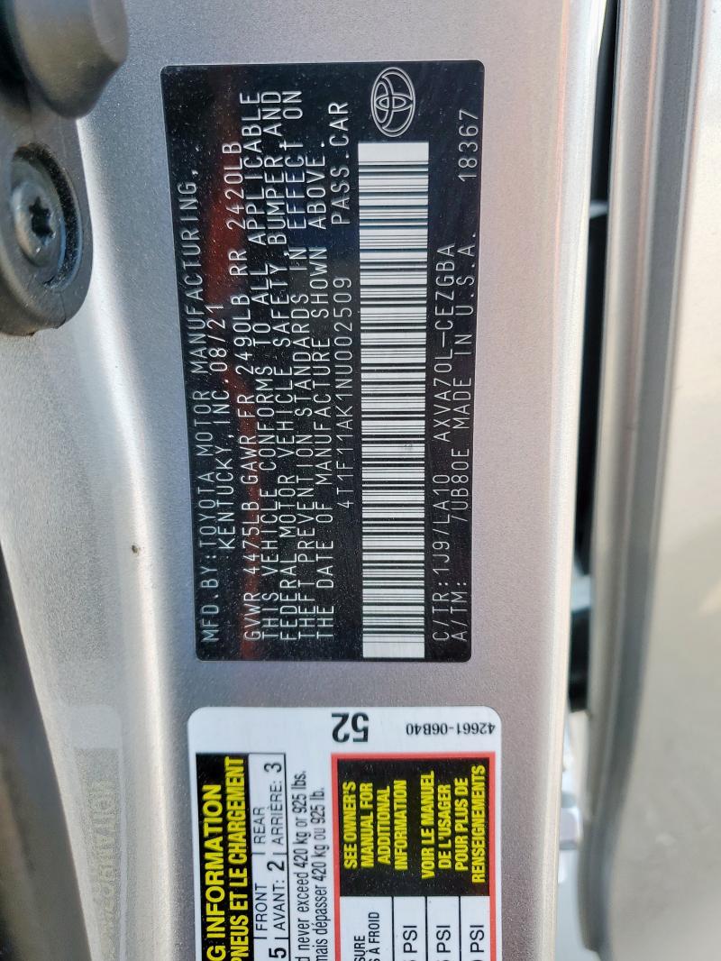 4T1F11AK1NU002509 - 2022 TOYOTA CAMRY XLE SILVER photo 12