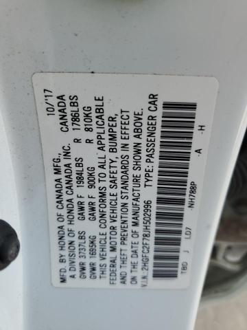 2HGFC2F78JH502996 - 2018 HONDA CIVIC EX Blanc photo 12