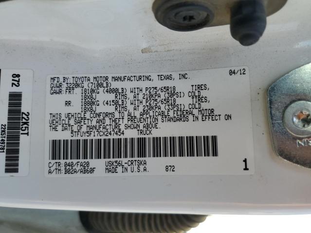 5TFUY5F17CX247454 - 2012 TOYOTA TUNDRA DOUBLE CAB SR5 WHITE photo 12