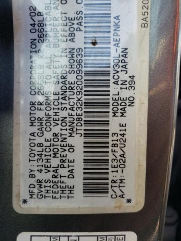 JTDBE32K920099639 - 2002 TOYOTA CAMRY LE GRAY photo 13
