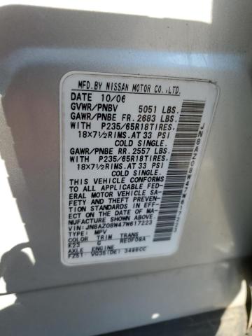 JN8AZ08W47W617223 - 2007 NISSAN MURANO SL SILVER photo 12