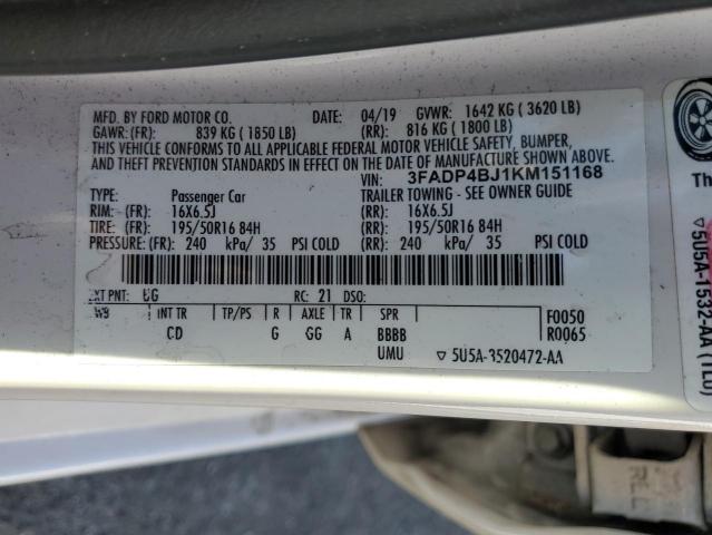 3FADP4BJ1KM151168 - 2019 FORD FIESTA SE 白色 照片 12