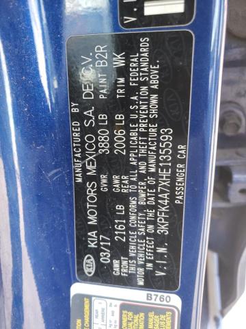 3KPFK4A7XHE135593 - 2017 KIA FORTE LX BLUE photo 12