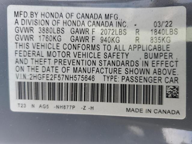 2HGFE2F57NH575646 - 2022 HONDA CIVIC SPORT 灰色 照片 12