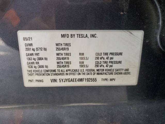 5YJYGAEE4MF192555 - 2021 TESLA MODEL Y GRAY photo 12