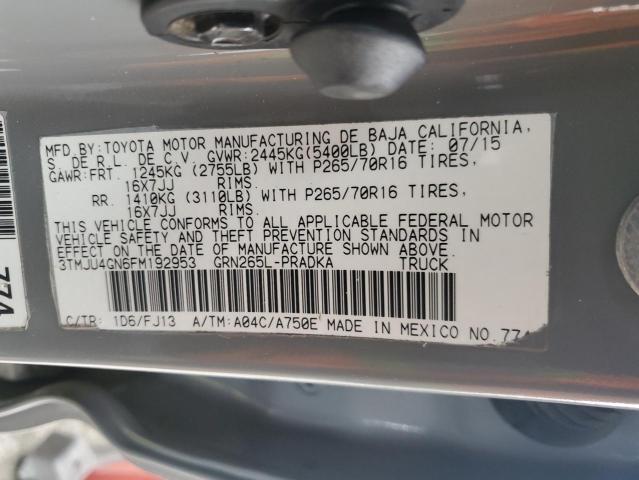 3TMJU4GN6FM192953 - 2015 TOYOTA TACOMA DOUBLE CAB PRERUNNER GRAY photo 12