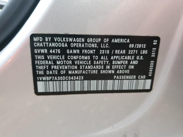 1VWBP7A30DC043423 - 2013 VOLKSWAGEN PASSAT SE 银色 照片 12