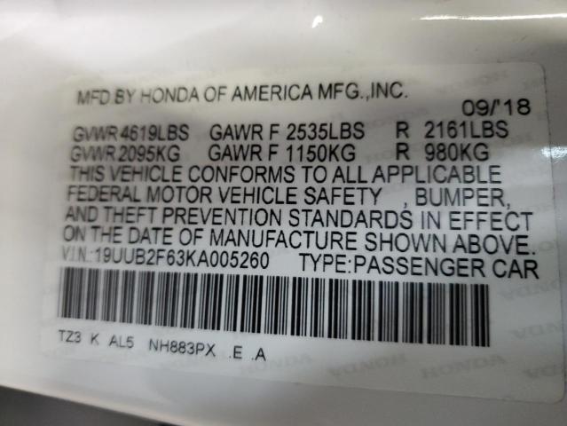 19UUB2F63KA005260 - 2019 ACURA TLX TECHNOLOGY WHITE photo 13