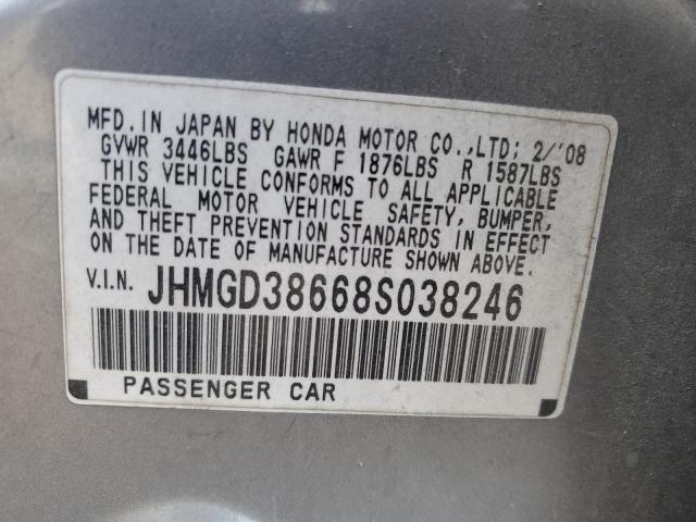 JHMGD38668S038246 - 2008 HONDA FIT SPORT SILVER photo 12