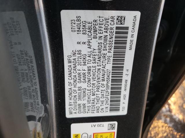 2HGFE2F58PH564027 - 2023 HONDA CIVIC SPORT CHARCOAL photo 12