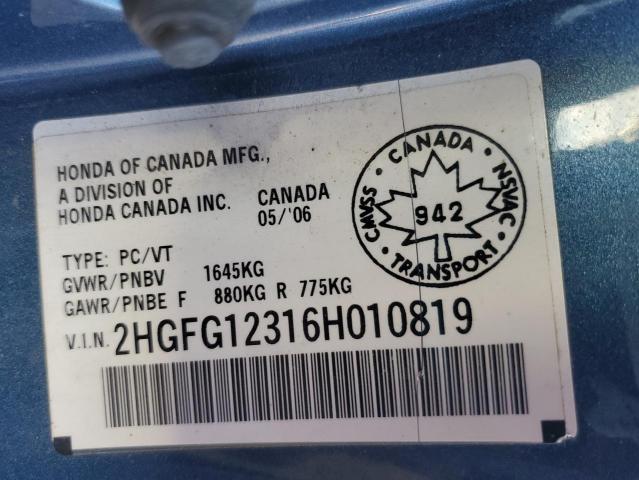 2HGFG12316H010819 - 2006 HONDA CIVIC DX VP Կապույտ լուսանկար 12