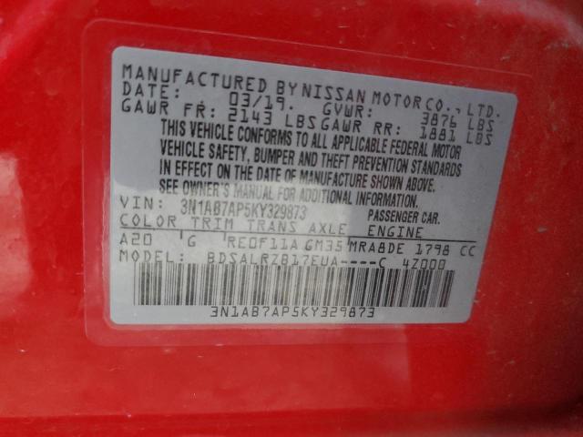 3N1AB7AP5KY329873 - 2019 NISSAN SENTRA S RED photo 12