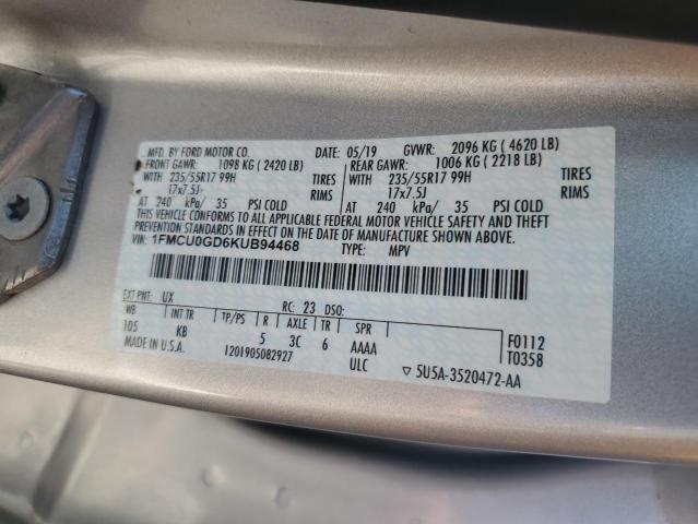 1FMCU0GD6KUB94468 - 2019 FORD ESCAPE SE Արծաթագույն լուսանկար 13