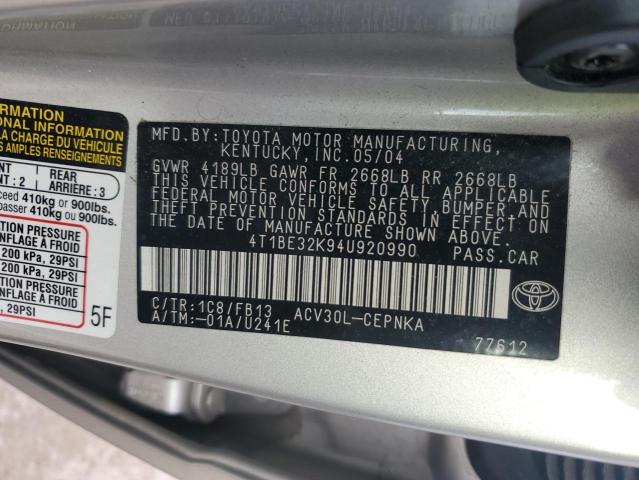 4T1BE32K94U920990 - 2004 TOYOTA CAMRY LE SILVER photo 12