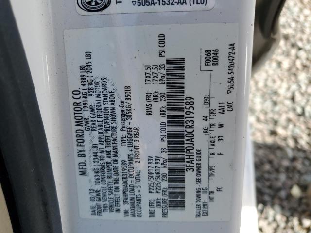 3FAHP0JA0CR319589 - 2012 FORD FUSION SEL WHITE photo 12