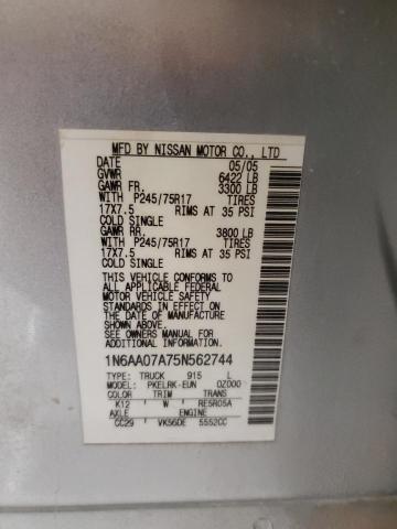 1N6AA07A75N562744 - 2005 NISS TITAN XE 银色 照片 12