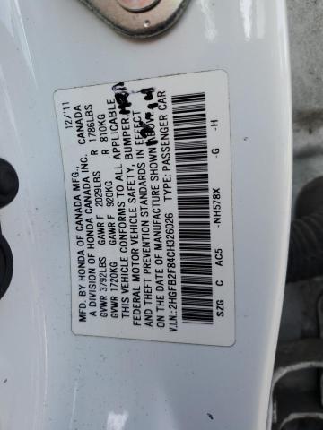 2HGFB2F84CH326026 - 2012 HONDA CIVIC EX WHITE photo 12