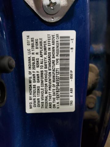 19XFB2F94EE071271 - 2014 HONDA CIVIC EXL ლურჯი ფოტო 12