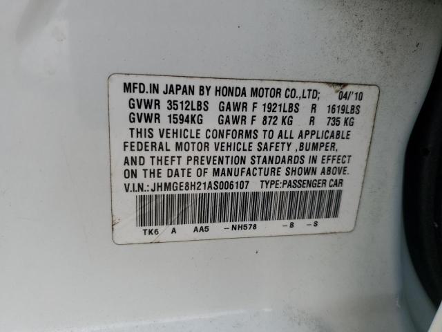 JHMGE8H21AS006107 - 2010 HONDA FIT WHITE photo 12