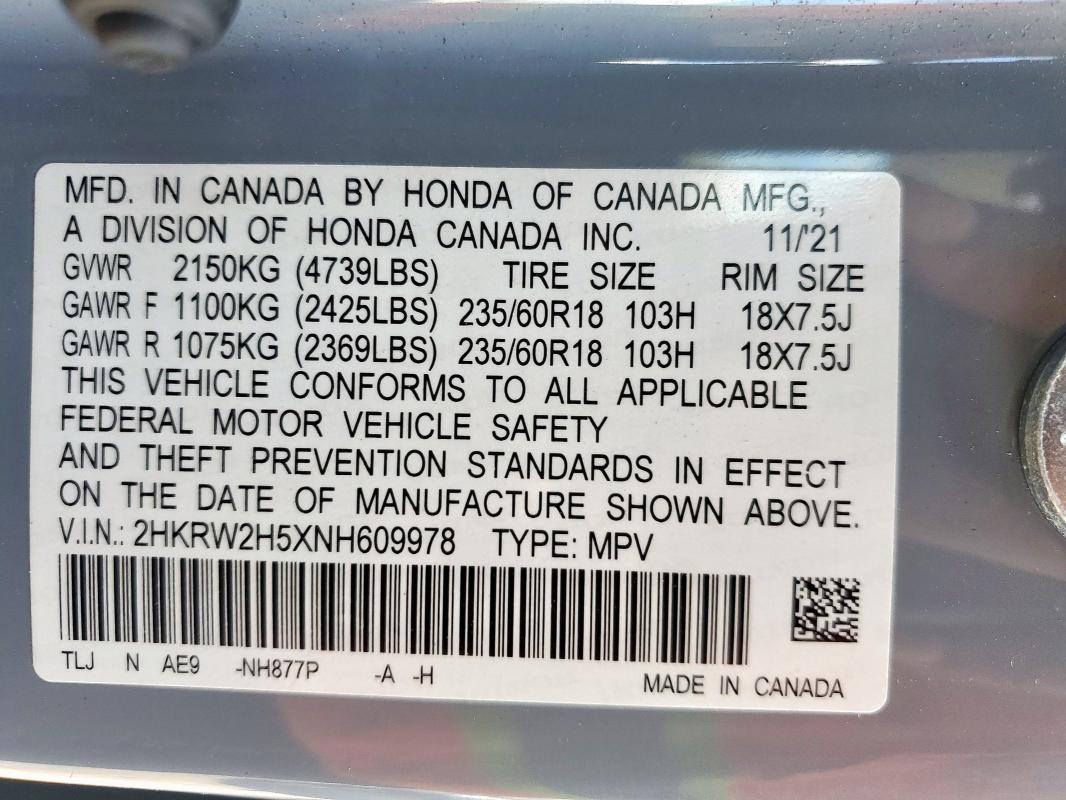 2HKRW2H5XNH609978 - 2022 HONDA CR-V EX GRAY photo 14