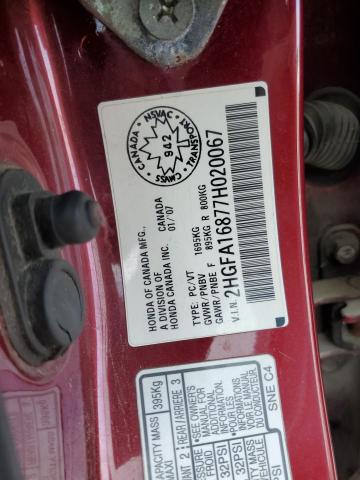 2HGFA16877H020067 - 2007 HONDA CIVIC EX RED photo 12