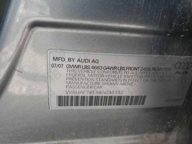 WAUAF78E58A034742 - 2008 AUDI A4 2.0T SILVER photo 12